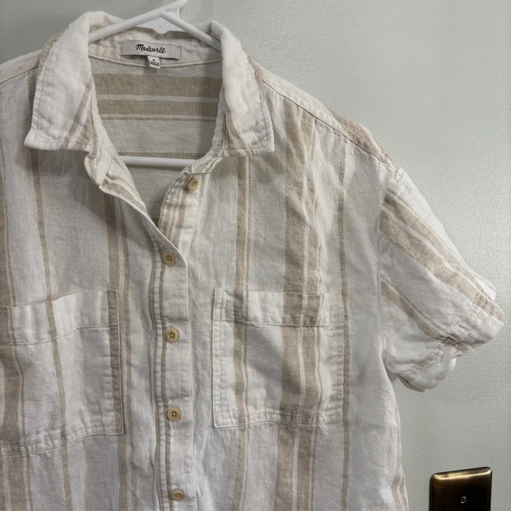 Madewell linen blend cropped button down top White and Tan medium - Picture 2 of 6